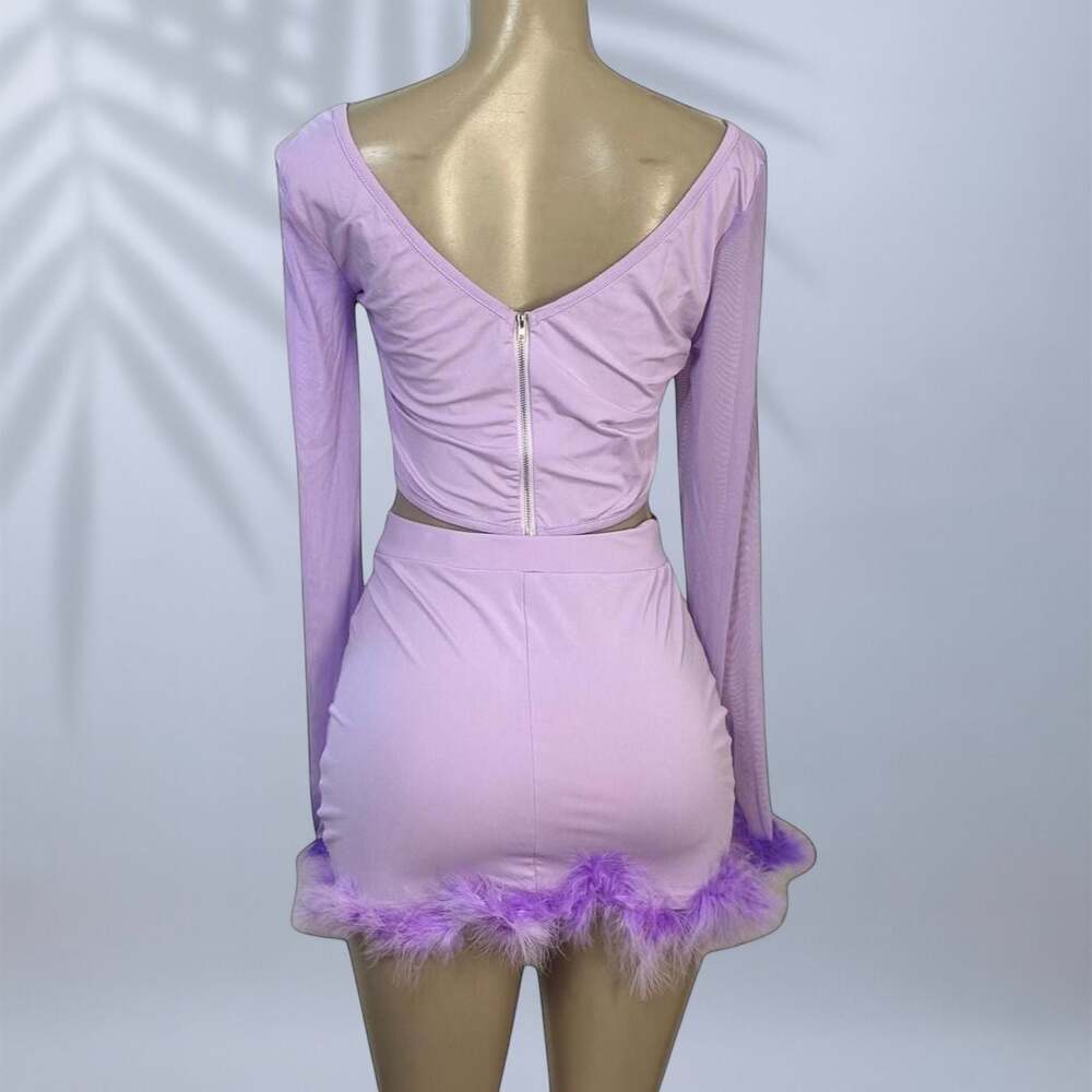 Purple Lilac Long Sleeve Corset Top and Feather Trim Mini Skirt Set ✧ M - Picture 4 of 4